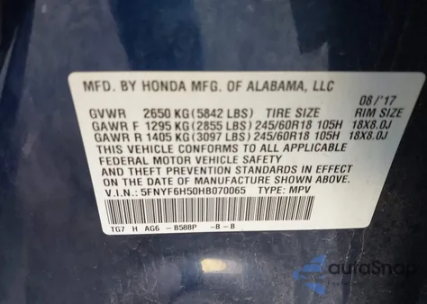 2017 Honda Pilot Ex-L from USA, damaged, VIN 5FNYF6H50HB070065